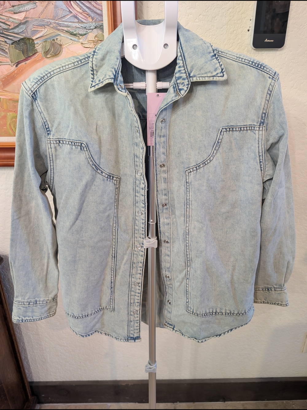Light Wash Denim Pearl Snap Western Button Up Shirt, XXS-Oversized